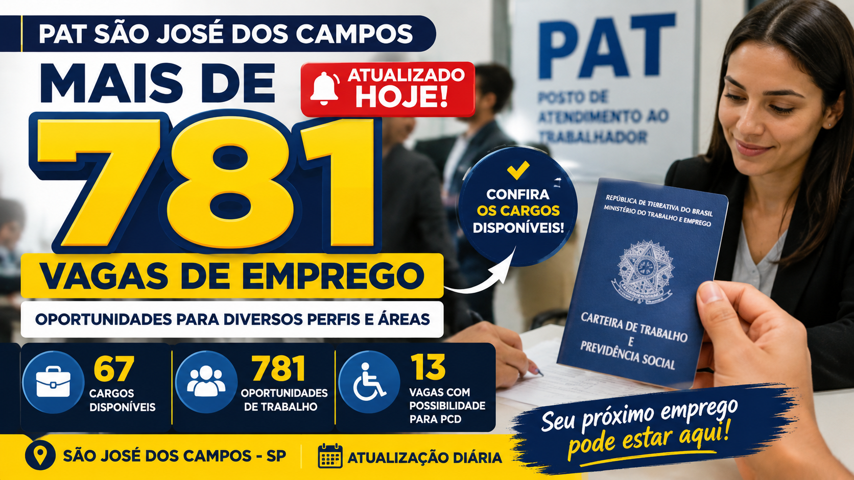 PAT de São José dos Campos atualiza lista com mais de 780 vagas de emprego; confira as oportunidades disponíveis